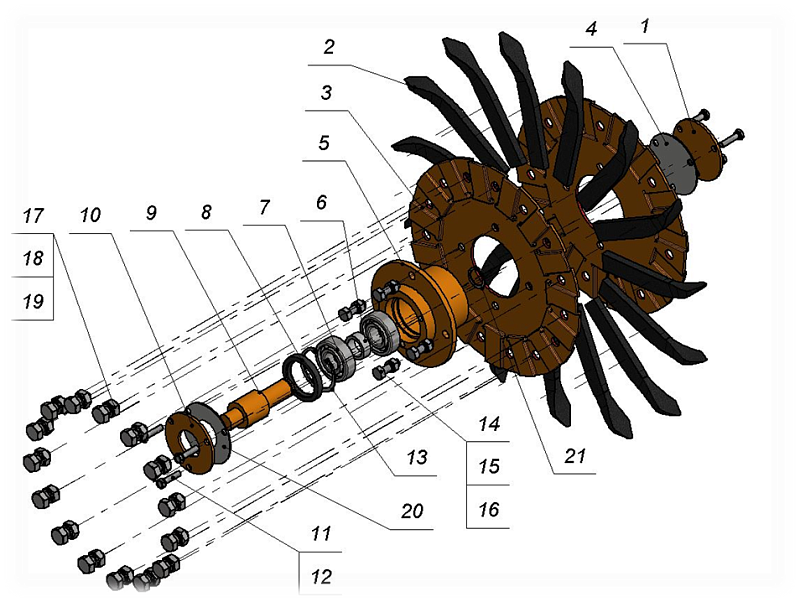 1;10. Крышка.  2. Зубец.  3. Диск.  4;20. уплотнение.  5 Ступица. 6. Втулка распорная. 7.Подшипник. 8. Манжета. 9. Вал. 13, 21. Стопорное кольцо. 11;12;14;15;16;17;18;19 Метизы.